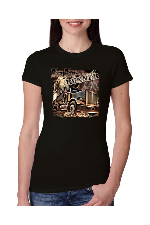, Big Rig Runner Trailer Truck Runnin Alone, Cars and Trucks, Women Slim Fit Junior Tee, Black, Large