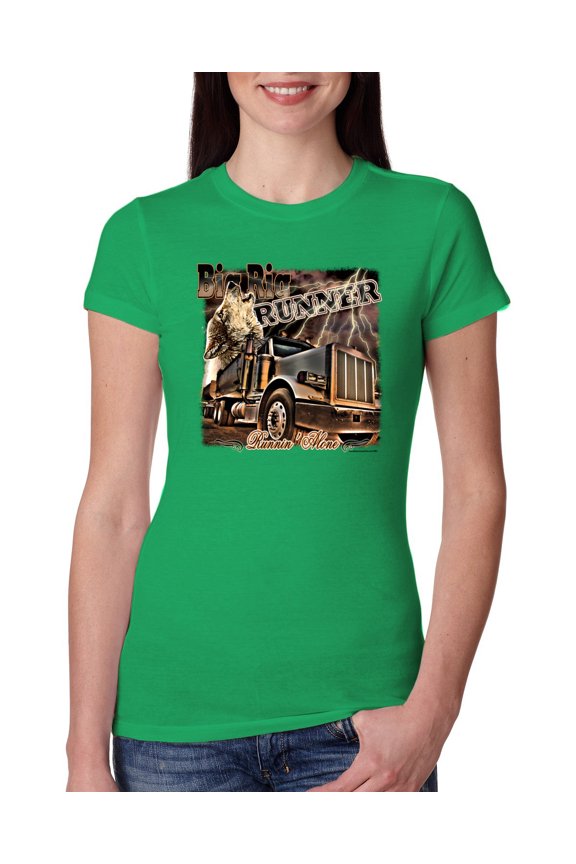 , Big Rig Runner Trailer Truck Runnin Alone, Cars and Trucks, Women Slim Fit Junior Tee, Kelly, Large