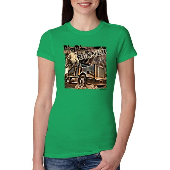 Wild Bobby, Big Rig Runner Trailer Truck Runnin Alone, Cars and Trucks, Women Slim Fit Junior Tee, Kelly, Small