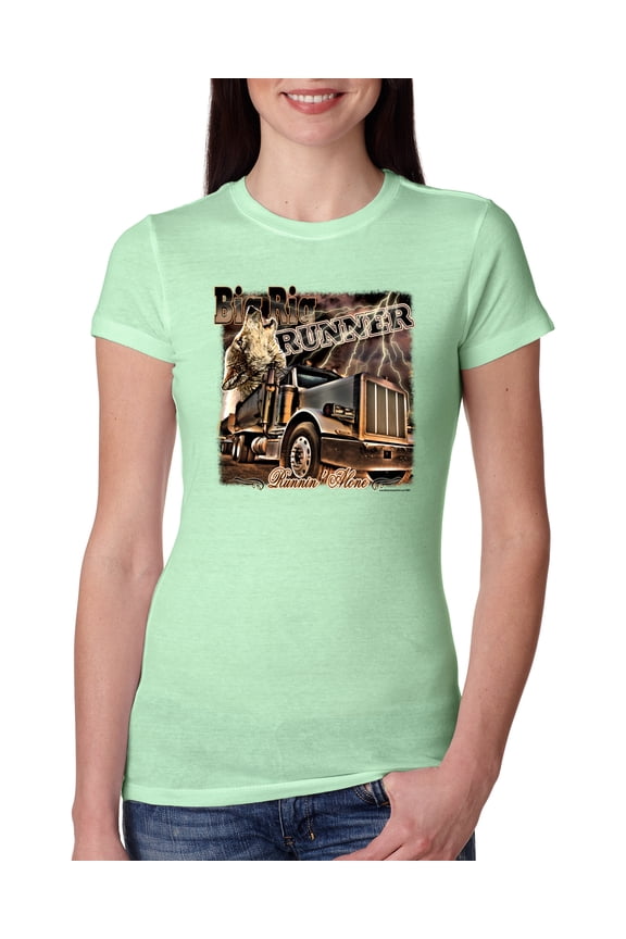 , Big Rig Runner Trailer Truck Runnin Alone, Cars and Trucks, Women Slim Fit Junior Tee, Mint, Medium
