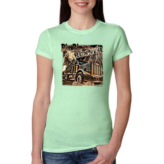 Wild Bobby, Big Rig Runner Trailer Truck Runnin Alone, Cars and Trucks, Women Slim Fit Junior Tee, Mint, X-Large