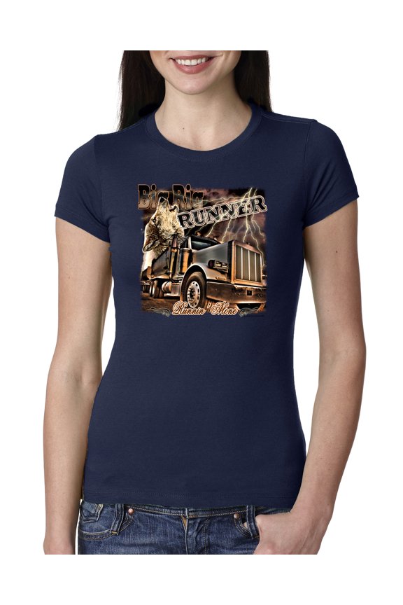 , Big Rig Runner Trailer Truck Runnin Alone, Cars and Trucks, Women Slim Fit Junior Tee, Navy, Medium