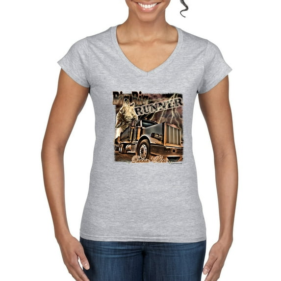 Wild Bobby, Big Rig Runner Trailer Truck Runnin Alone, Cars and Trucks, Women Standard V-Neck Tee, Heather Grey, Small