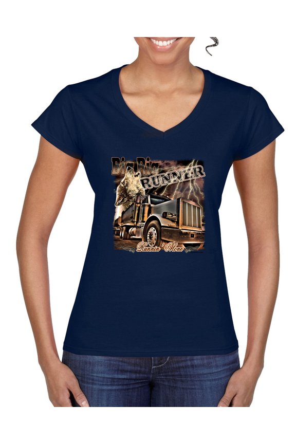 , Big Rig Runner Trailer Truck Runnin Alone, Cars and Trucks, Women Standard V-Neck Tee, Navy, Medium