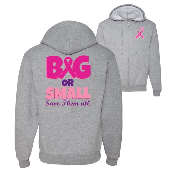 Wild Bobby, Big or Small Save Them All, Breast Cancer Awareness, Front and Back Graphic Zip Up Hoodie Sweatshirt, Heather Grey, XX-Large