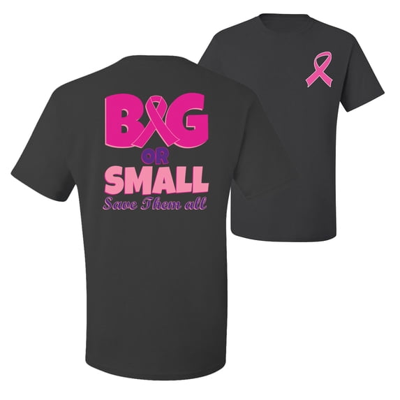 Wild Bobby, Big or Small Save Them All, Breast Cancer Awareness, Front and Back Men Graphic Tee, Charcoal, Large