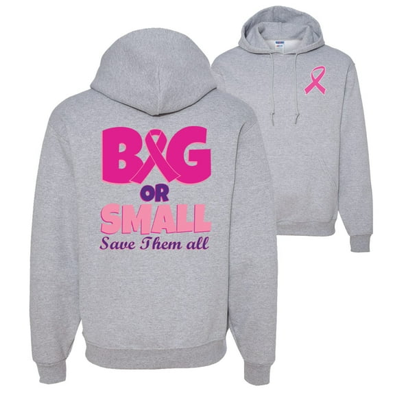 Wild Bobby, Big or Small Save Them All, Breast Cancer Awareness, Front and Back Unisex Graphic Hoodie Sweatshirt, Heather Grey, Small