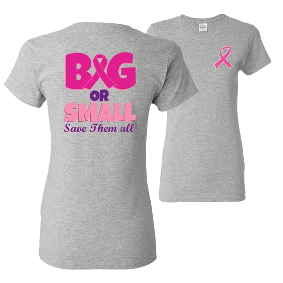 Wild Bobby, Big or Small Save Them All, Breast Cancer Awareness, Front and Back Women Graphic Tee, Heather Grey, XX-Large