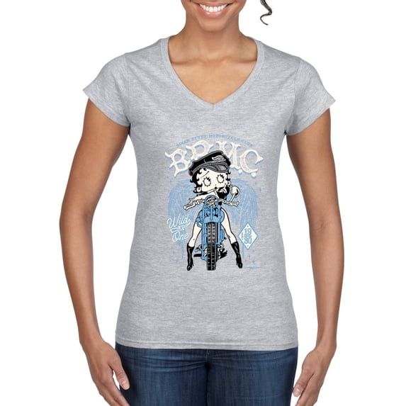 Wild Bobby Biker Betty Boop MC Motorcycle Club 1930 Betty Boop Women’s Standard V-Neck Tee, Heather Grey, Large