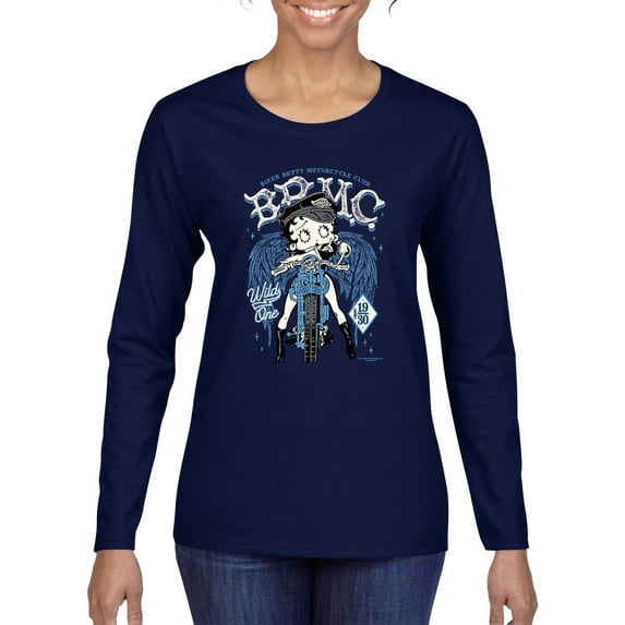 Wild Bobby Biker Betty Boop MC Motorcycle Club 1930 Betty Boop Womens Long Sleeve T-Shirt, Navy, Small