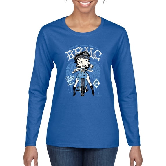 Wild Bobby Biker Betty Boop MC Motorcycle Club 1930 Betty Boop Womens Long Sleeve T-Shirt, Royal, Large