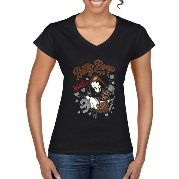 Wild Bobby Biker Betty Boop Wild One MC Motorcycle Betty Boop Women’s Standard V-Neck Tee, Black, Small