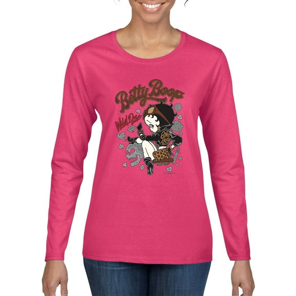 Wild Bobby Biker Betty Boop Wild One MC Motorcycle Betty Boop Womens Long Sleeve T-Shirt, Fuschia, XX-Large