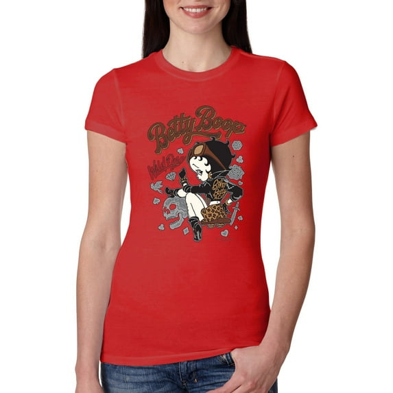 Wild Bobby Biker Betty Boop Wild One MC Motorcycle Betty Boop Womens Slim Fit Junior Tee, Red, XX-Large