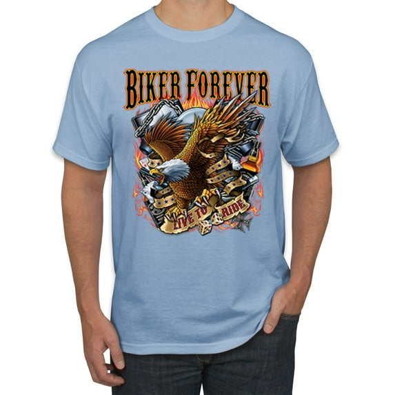 Wild Bobby, Biker Forever American Eagle Live To Ride Cars and Trucks Men's Graphic T-Shirt, Light Blue, Large