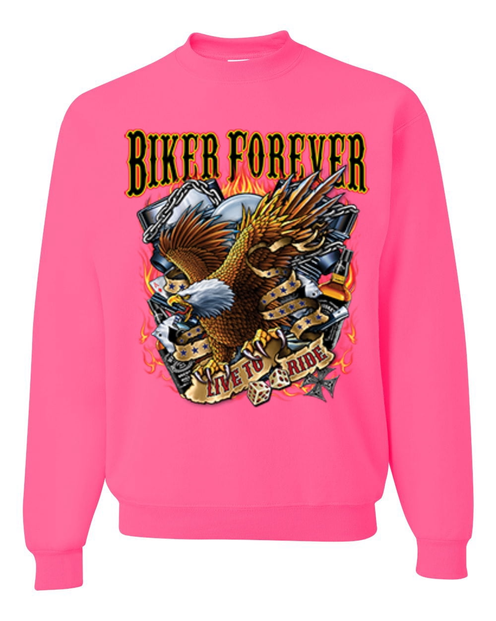 Wild Bobby Biker Forever American Eagle Live To Ride Cars and Trucks Unisex Crewneck Graphic Sweatshirt Neon Pink X Large Walmart