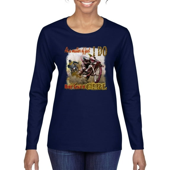 Wild Bobby, Biker Girl t I Do Ride Like A Girl, Cars and Trucks, Women Graphic Long Sleeve Tee, Navy, X-Large