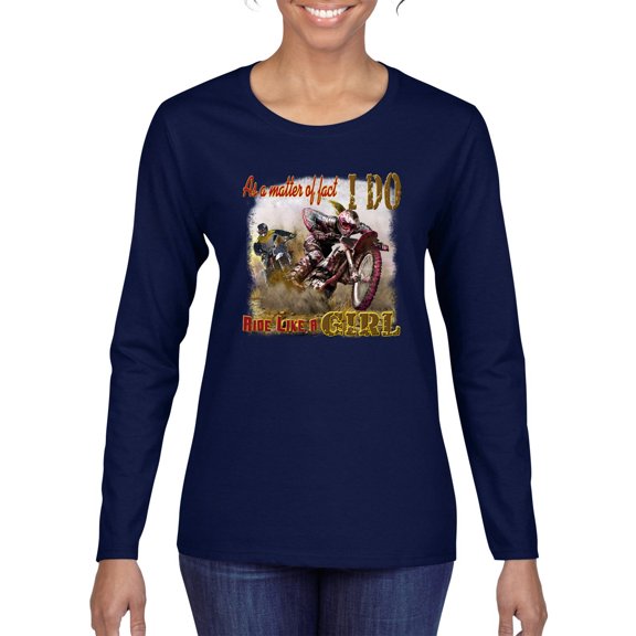 Wild Bobby, Biker Girl t I Do Ride Like A Girl, Cars and Trucks, Women Graphic Long Sleeve Tee, Navy, XX-Large