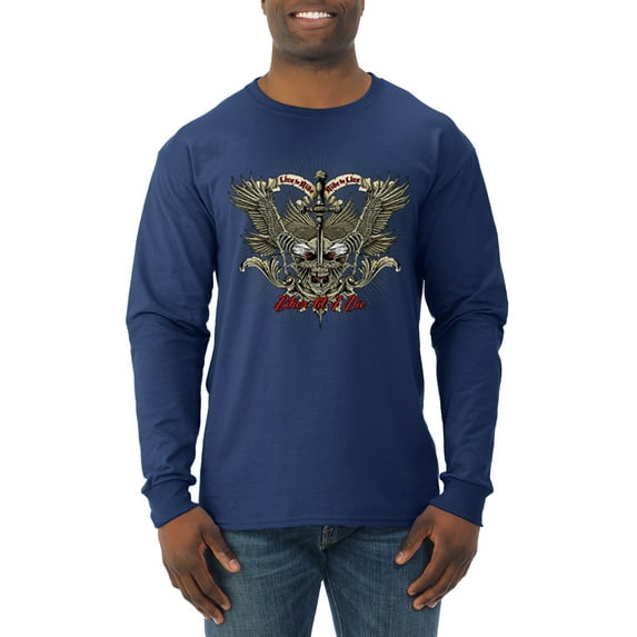 Wild Bobby, Biker Til I Die Live to Ride Motorcycle Cars and Trucks Mens Long Sleeve Shirt, Navy, 2XL