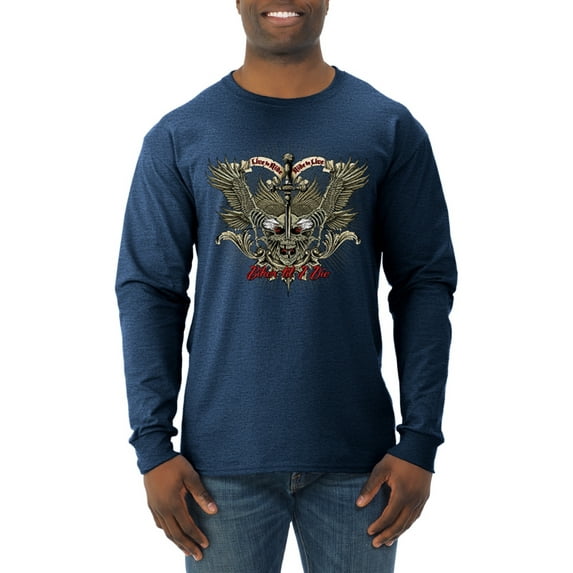 Wild Bobby, Biker Til I Die Live to Ride Motorcycle Cars and Trucks Mens Long Sleeve Shirt, Vintage Heather Navy, Medium