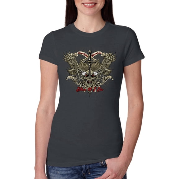 Wild Bobby, Biker Til I Die Live to Ride Motorcycle Cars and Trucks Womens Slim Fit Junior Tee, Dark Grey, Large