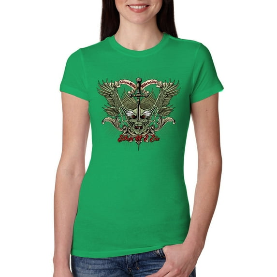 Biker Til I Die Live to Ride Motorcycle Cars and Trucks Womens Slim Fit Junior Tee, Kelly, Large