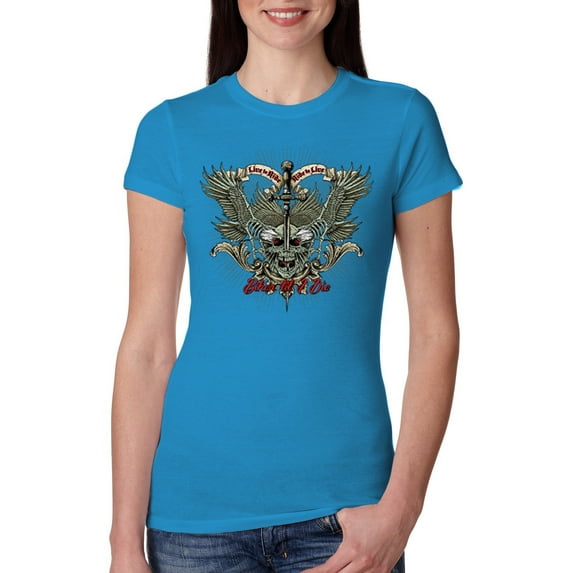 Wild Bobby, Biker Til I Die Live to Ride Motorcycle Cars and Trucks Womens Slim Fit Junior Tee, Turquoise, X-Large