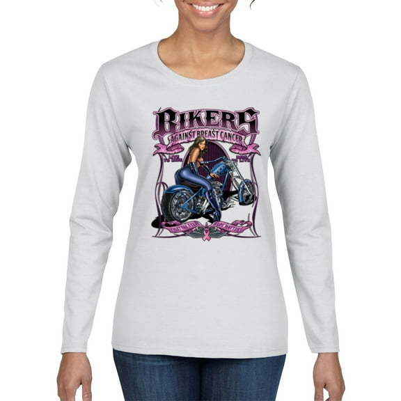 Wild Bobby Bikers Against Breast Cancer USA Flag Sleeve Breast Cancer Awareness Women Graphic Long Sleeve T-Shirt, White, Small