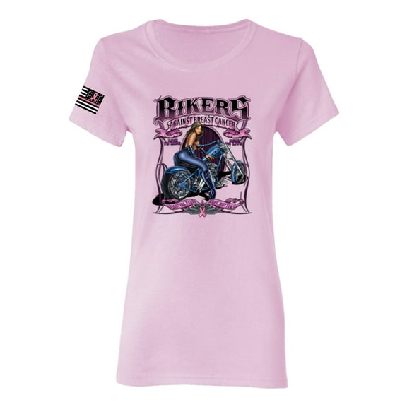Wild Bobby Bikers Against Breast Cancer USA Flag Sleeve Breast Cancer Awareness Women Graphic Tee, Light Pink, Small