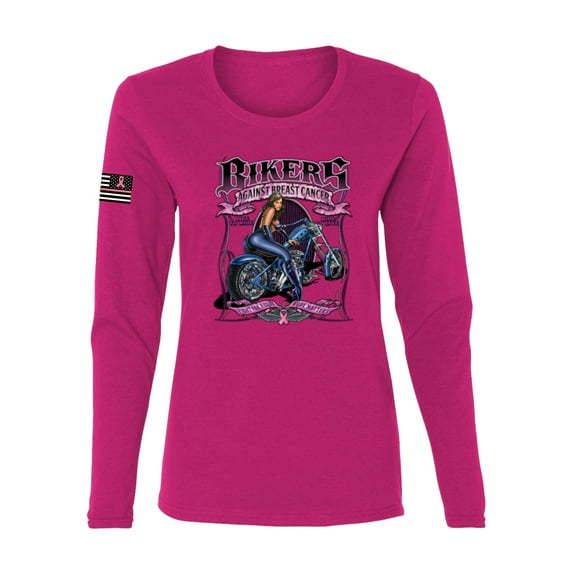 Wild Bobby Bikers Against Breast Cancer USA Flag Sleeve Breast Cancer Awareness Women Long Sleeve Tee, Fuchsia, Small
