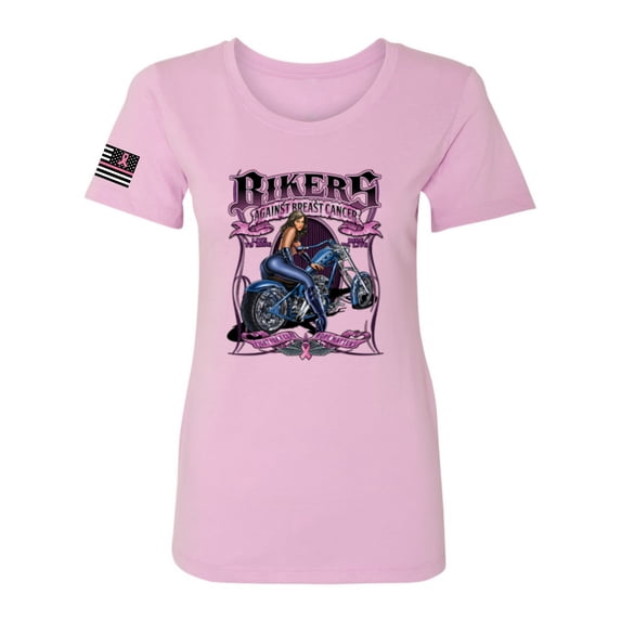 Wild Bobby, Bikers Against Breast Cancer USA Flag Sleeve Breast Cancer Awareness Women Slim Fit Junior Tee, Hot Pink, Medium