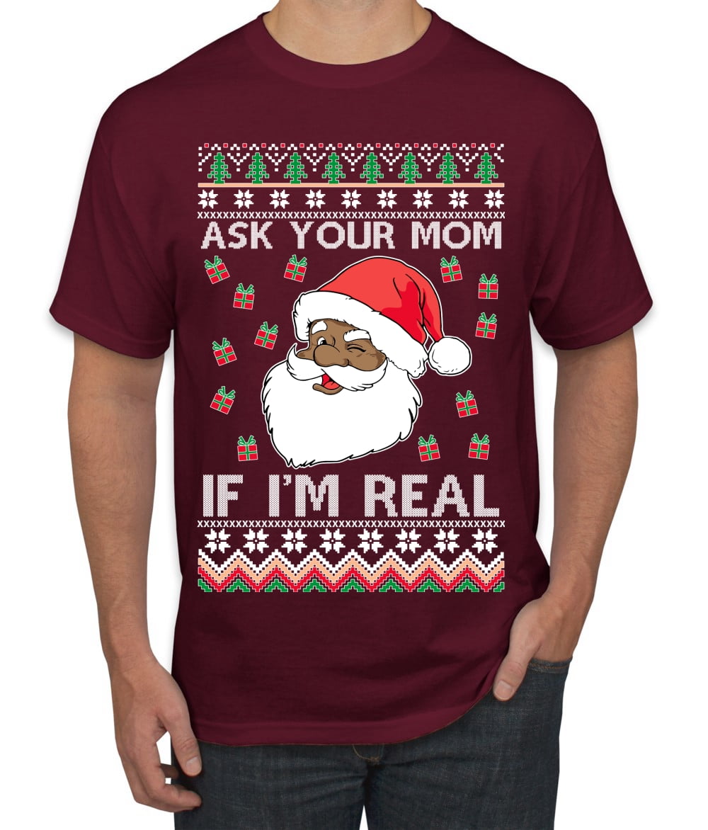 Wild Bobby Black Santa Claus Ask Your Mom If I m Real Adult Humor Ugly Christmas Sweater Men Graphic Tee Heather Black Small Walmart