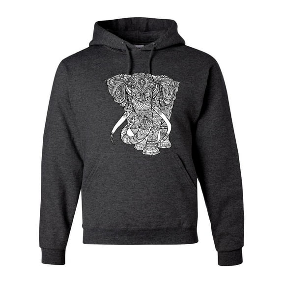 Wild Bobby, Black and White Mosaic Retro Mandala Elephant Animal Lover Graphic Hoodie Sweatshirt, Heather Black, X-Large