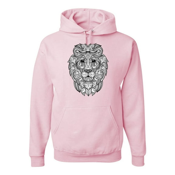 Wild Bobby, Black and White Mosaic Retro Mandala Lion Animal Lover Graphic Hoodie Sweatshirt, Light Pink, 3XL
