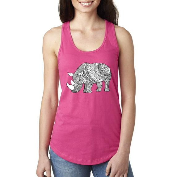 Black and White Mosaic Retro Mandala Rhino Animal Lover Ladies Racerback Tank Top, Raspberry, Medium