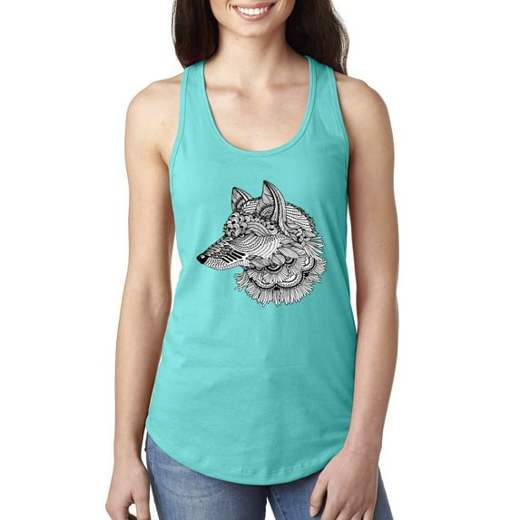 Wild Bobby, Black and White Mosaic Retro Snow Wolf Animal Lover Ladies Racerback Tank Top, Tahiti Blue, Medium
