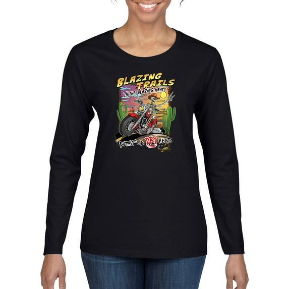 Wild Bobby Blazing Trails In The Blazing Heat Vintage Women Graphic Long Sleeve Tee, Black, X-Large