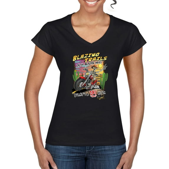 Wild Bobby Blazing Trails In The Blazing Heat Vintage Women Standard V-Neck Tee, Black, Small