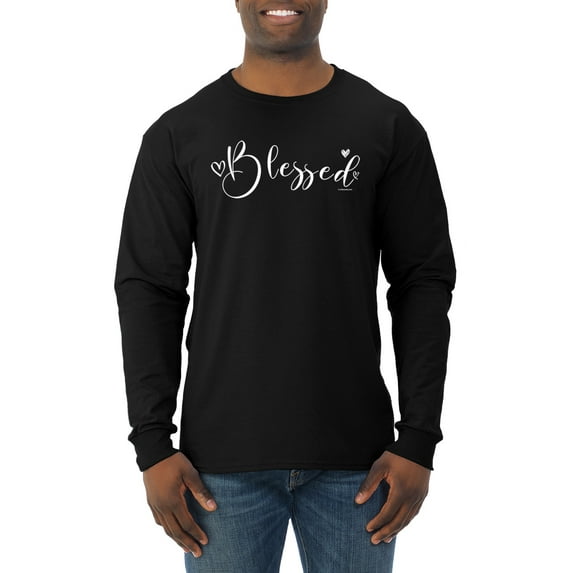 Wild Bobby, Blessed Inspirational Quote Heart Love, Inspirational/Christian, Men Long Sleeve Shirt, Black, Small