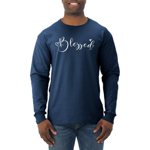 Wild Bobby, Blessed Inspirational Quote Heart Love, Inspirational/Christian, Men Long Sleeve Shirt, Vintage Heather Navy, Large