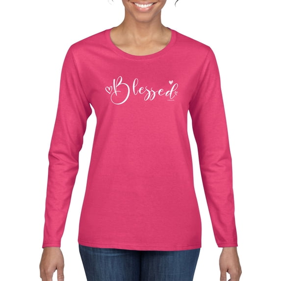Wild Bobby, Blessed Inspirational Quote Heart Love, Inspirational/Christian, Women Graphic Long Sleeve Tee, Fuschia, Large