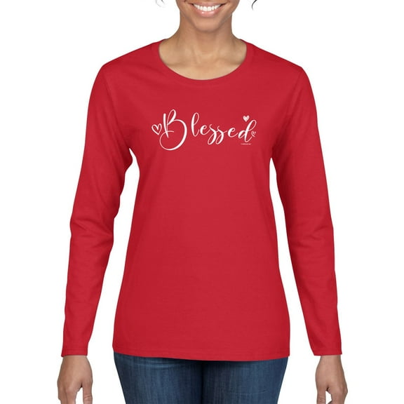 Wild Bobby, Blessed Inspirational Quote Heart Love, Inspirational/Christian, Women Graphic Long Sleeve Tee, Red, 2XL