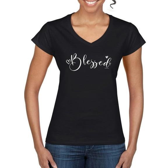 Wild Bobby, Blessed Inspirational Quote Heart Love, Inspirational/Christian, Women Standard V-Neck Tee, Black, Large