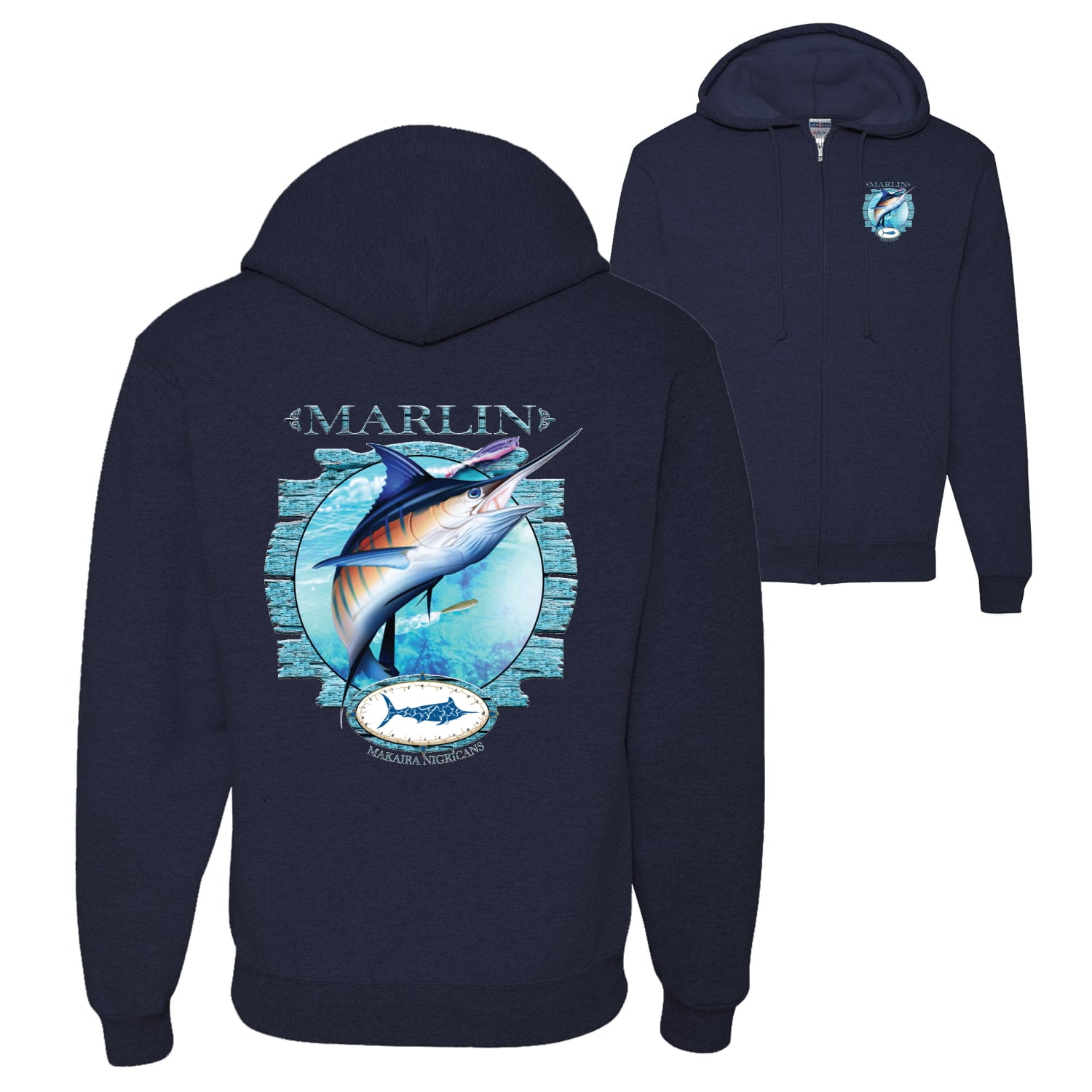 Wild Bobby Blue Marlin Fish Fishing Front and Back Graphic Zip Up Hoodie Sweatshirt Navy X Large Walmart Business Supplies