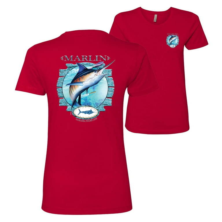 Wild Bobby,Blue Marlin Fish Fishing Front and Back Womens Premium Graphic T-Shirt, Red, Medium, Women's
