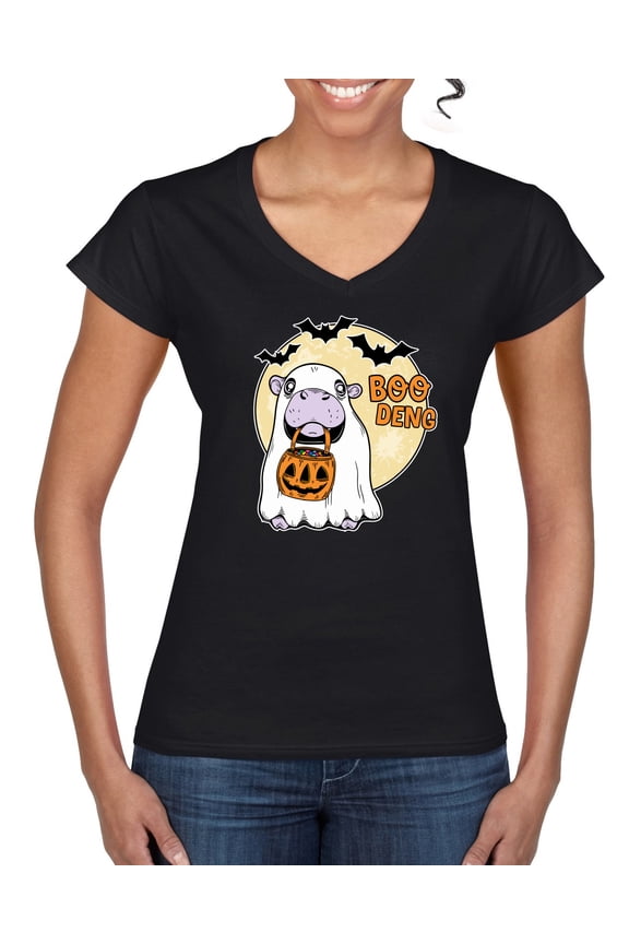 Boo Deng Funny Cute Pygmy Hippo Thailand Trick or Treat Bat Candy, Fall Autumn Hippopotamus Viral Meme Animal Pop Culture Women Standard V-Neck Tee