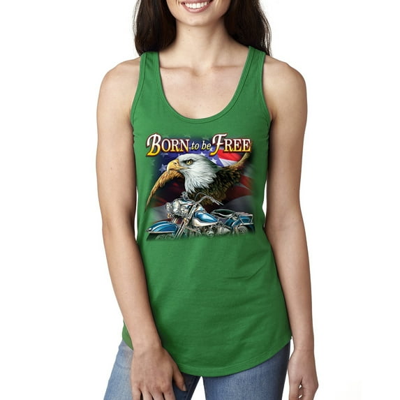 Wild Bobby, Born To Be Free Blad Eagle and American Flag Cars and Trucks Ladies Racerback Tank Top, Kelly, Medium