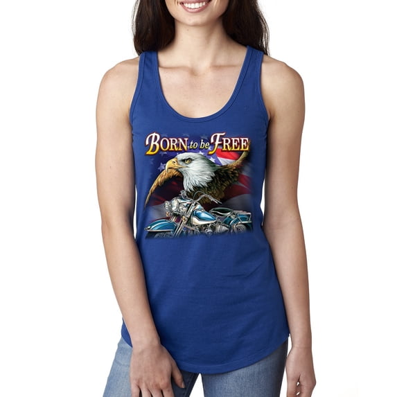 Wild Bobby, Born To Be Free Blad Eagle and American Flag Cars and Trucks Ladies Racerback Tank Top, Royal, Small