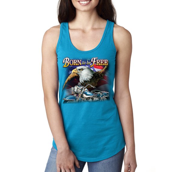 Wild Bobby, Born To Be Free Blad Eagle and American Flag Cars and Trucks Ladies Racerback Tank Top, Turquoise, Small