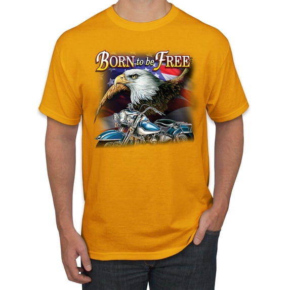 Wild Bobby, Born To Be Free Blad Eagle and American Flag Cars and Trucks Men's Graphic T-Shirt, Gold, 3XL